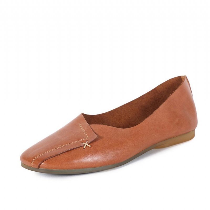 Kvinner Square Toe Leather Flat Casual Shoes