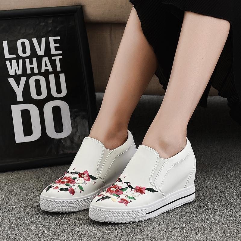 National Tykk Bunn Broderi Flower Flat Retro Casual Sko