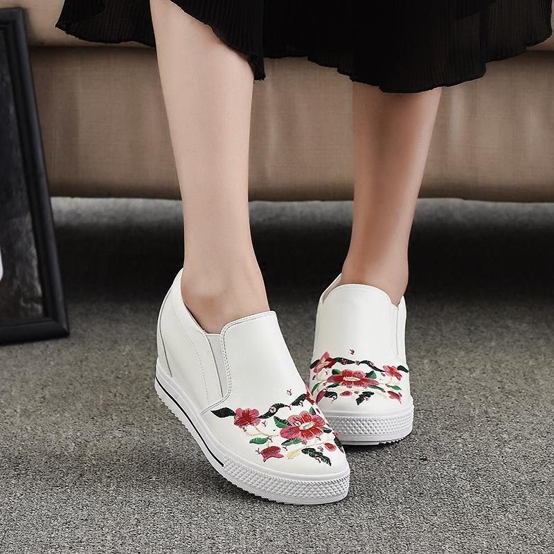 National Tykk Bunn Broderi Flower Flat Retro Casual Sko