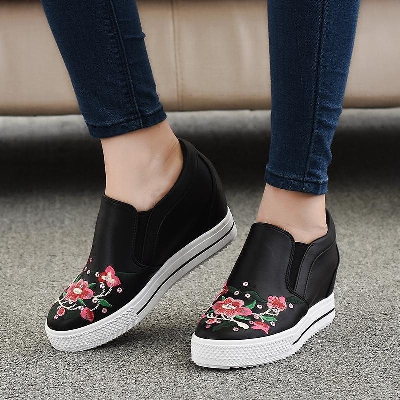 National Tykk Bunn Broderi Flower Flat Retro Casual Sko