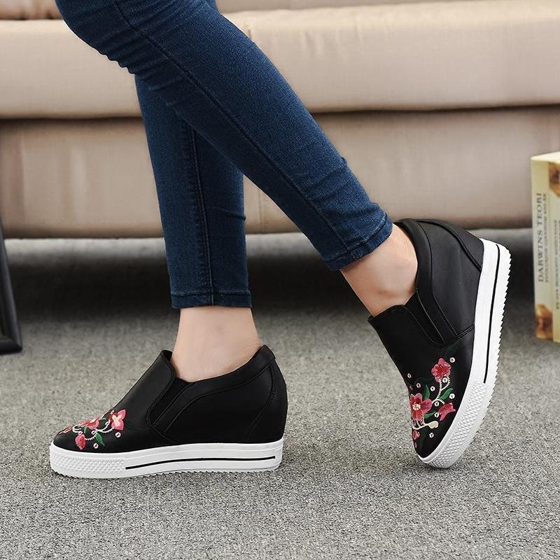 National Tykk Bunn Broderi Flower Flat Retro Casual Sko