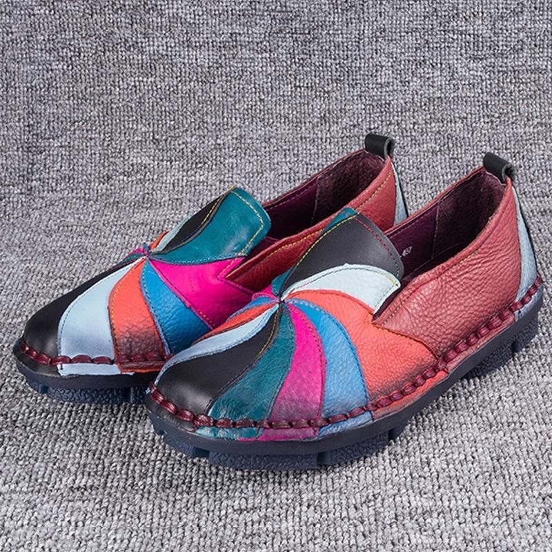 Retro Flerfarge Windmill Leather Slip On Håndlagde Flat Loafers