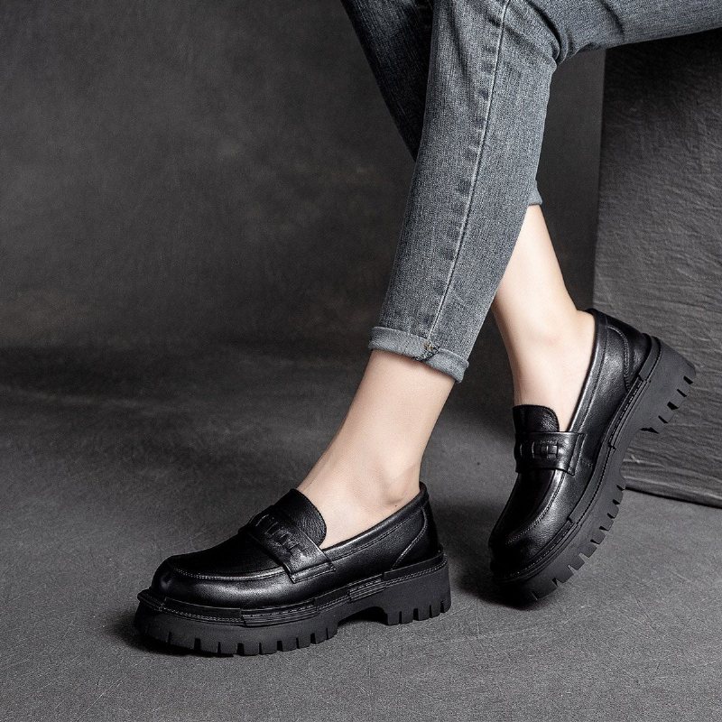 Retro Leather Platform Casual Sko For Kvinner