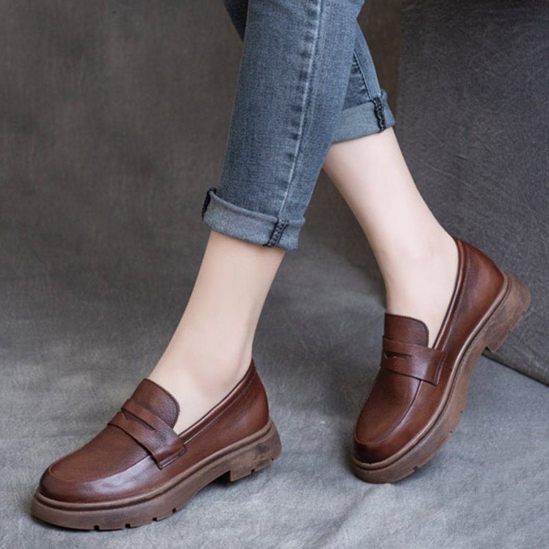 Spring Leather British Round Toe Loafers Sko