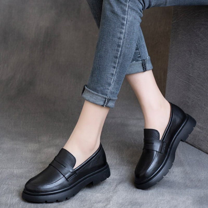 Spring Leather British Round Toe Loafers Sko