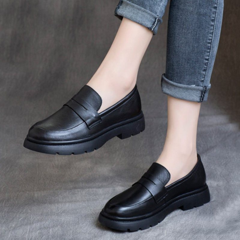 Spring Leather British Round Toe Loafers Sko