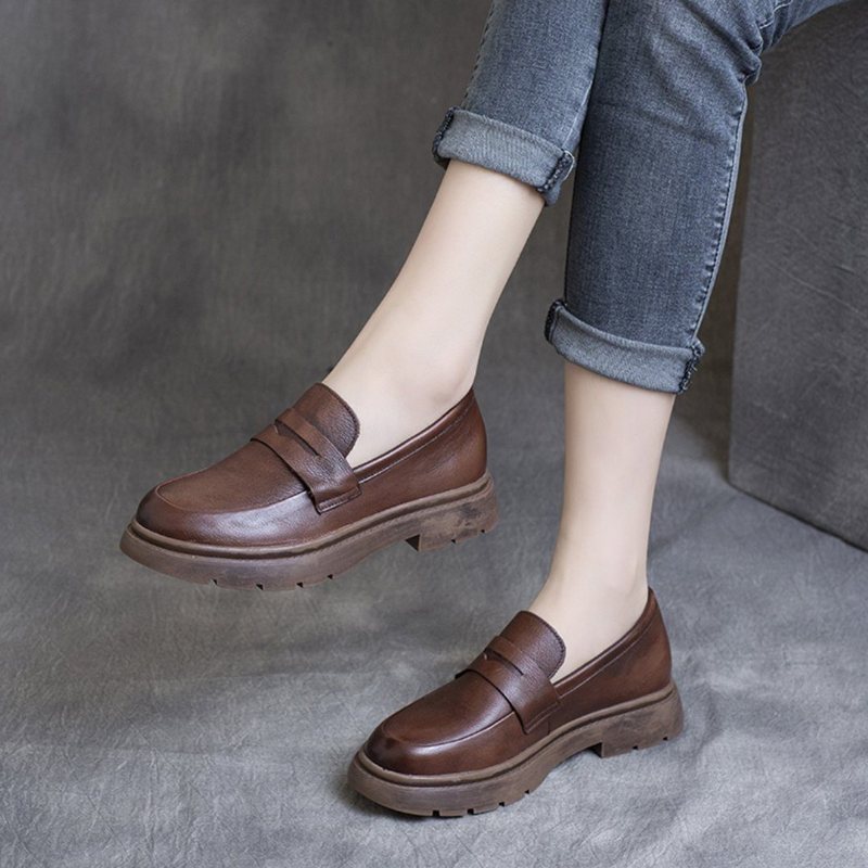 Spring Leather British Round Toe Loafers Sko