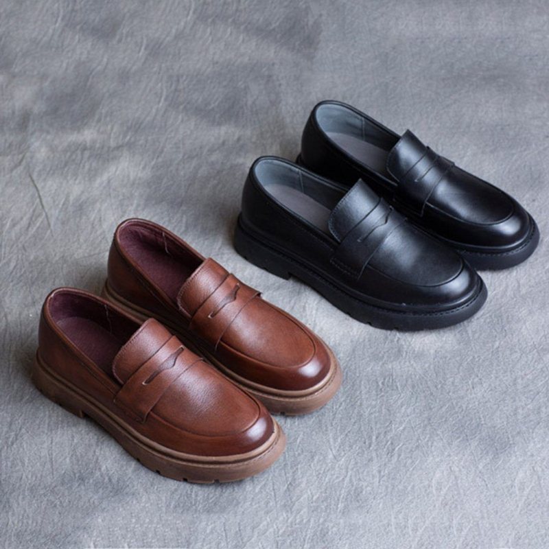 Spring Leather British Round Toe Loafers Sko