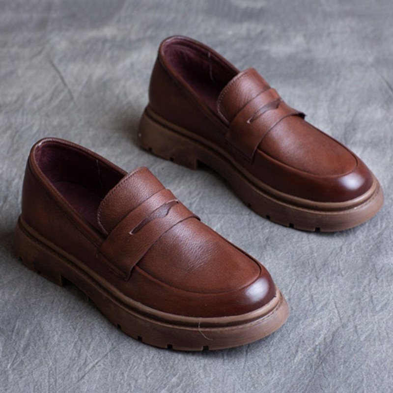 Spring Leather British Round Toe Loafers Sko