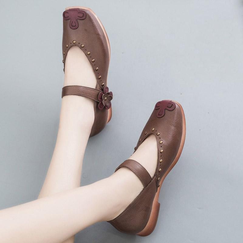 Spring Retro Leather Flat Dame Casual Shoes