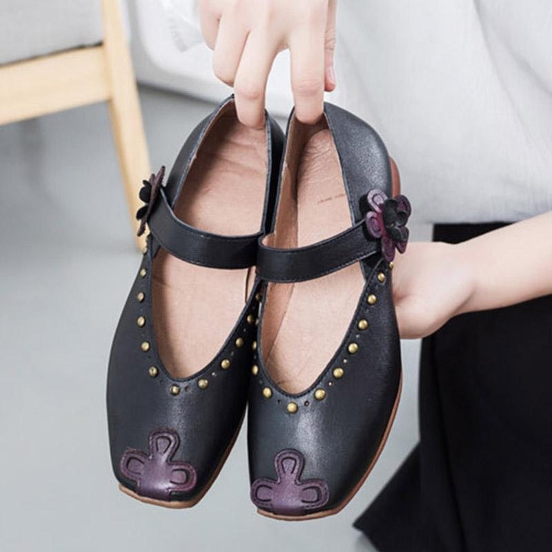 Spring Retro Leather Flat Dame Casual Shoes