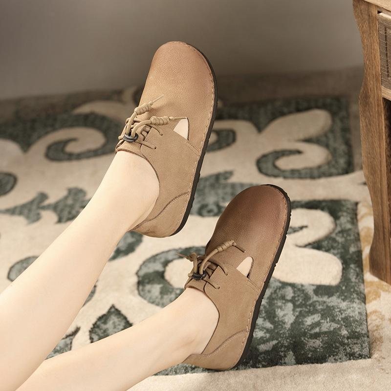 Spring Retro Leather Flat Hollow Casual Shoes