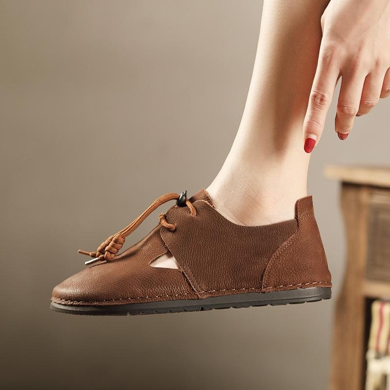 Spring Retro Leather Flat Hollow Casual Shoes