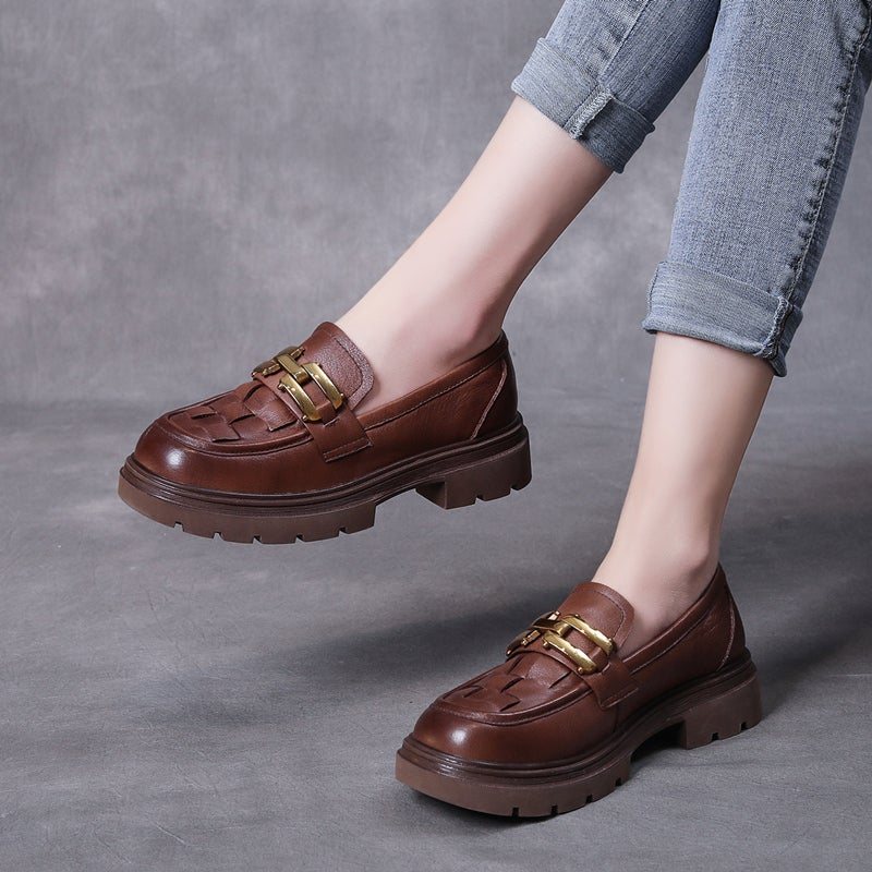 Spring Retro Pledd Lær Håndlagde Casual Loafers