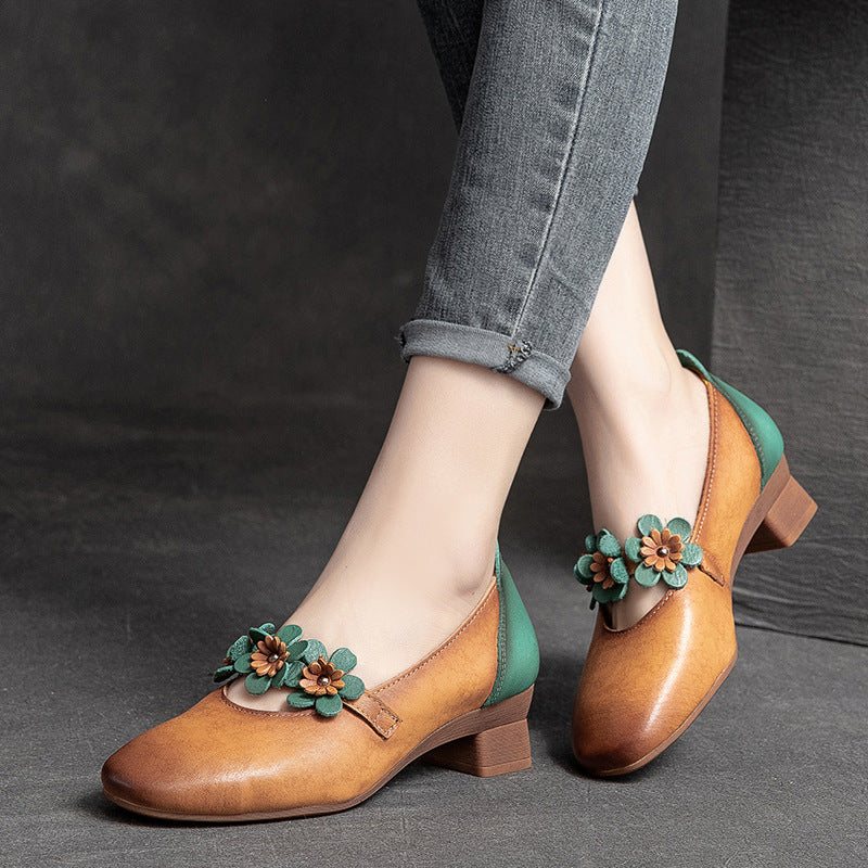 Summer Retro Leather Floral Wedge Casual Loafers