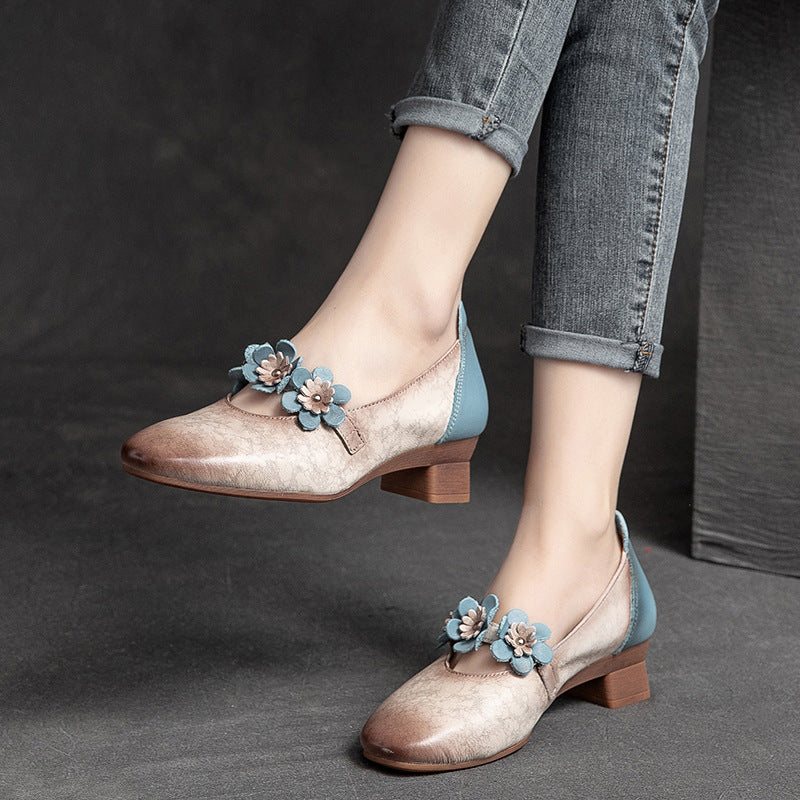 Summer Retro Leather Floral Wedge Casual Loafers