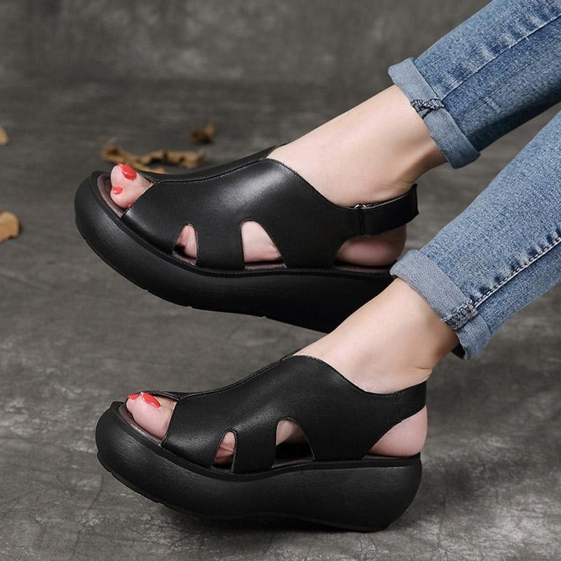 Summer Retro Leather Wedges Dame Fritidssko