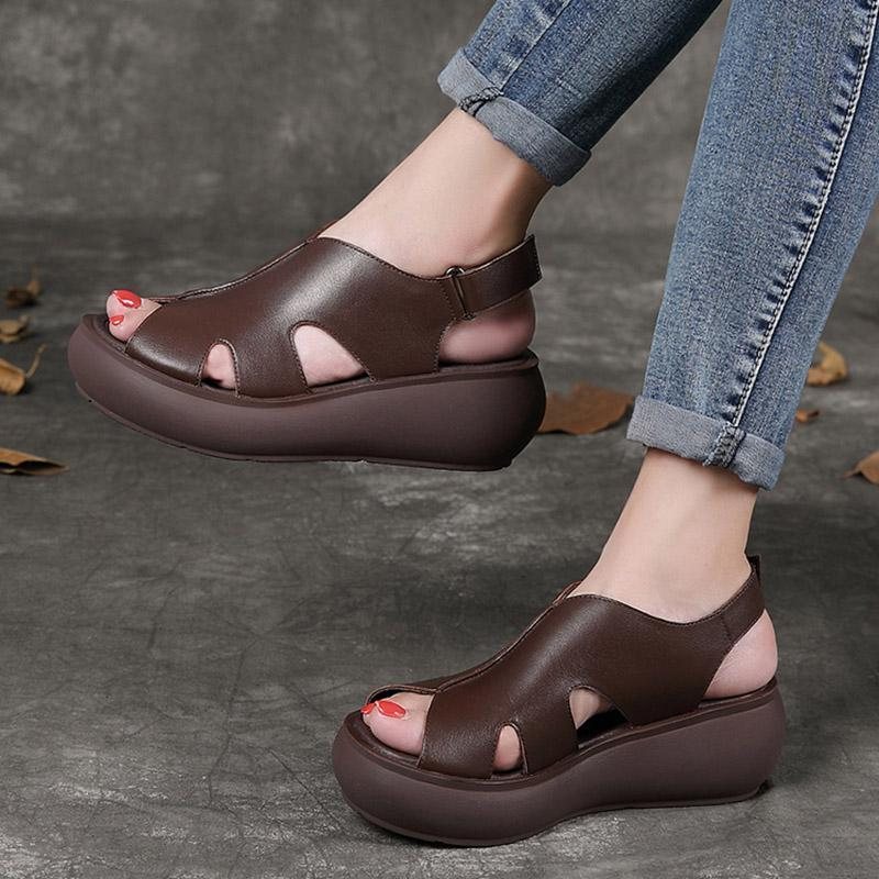 Summer Retro Leather Wedges Dame Fritidssko