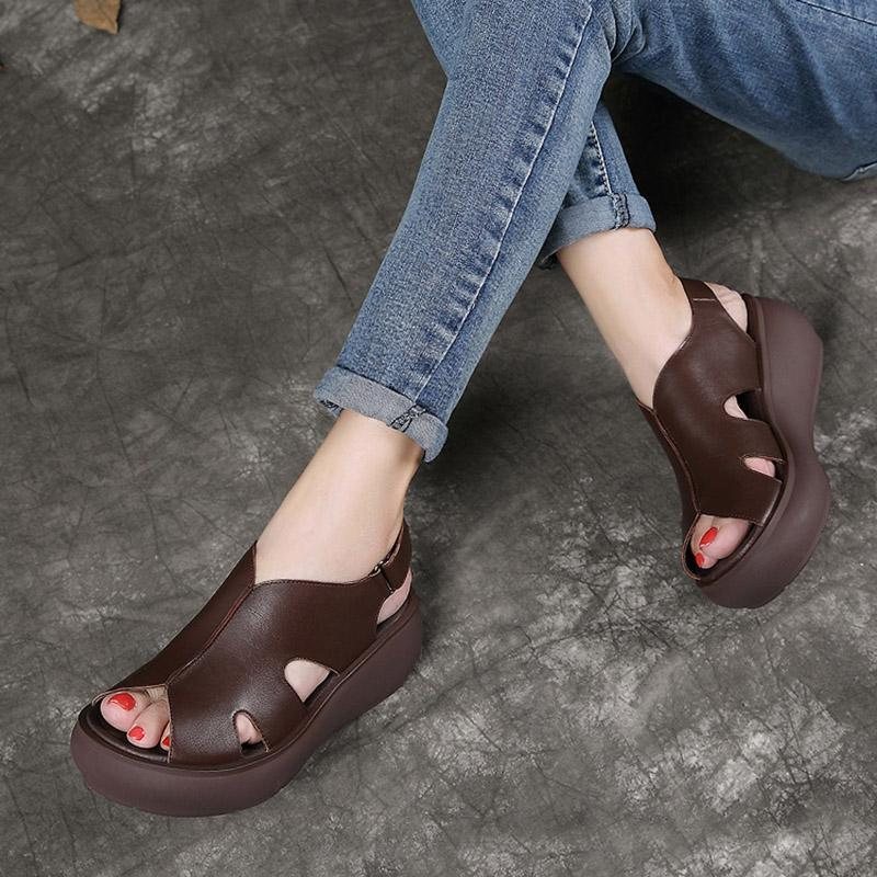 Summer Retro Leather Wedges Dame Fritidssko