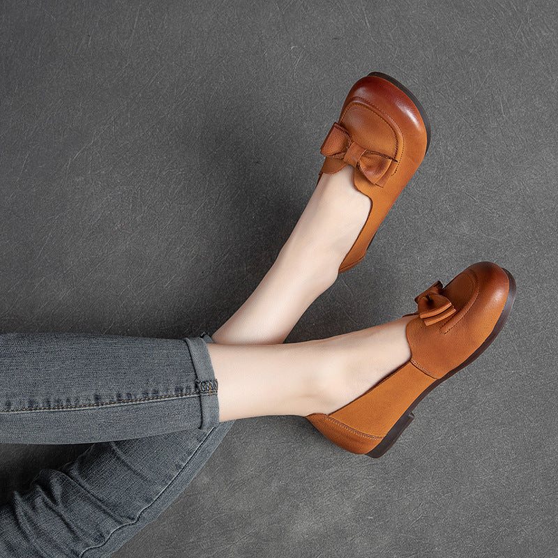 Vår Sommer Dame Retro Leather Bowknot Loafers