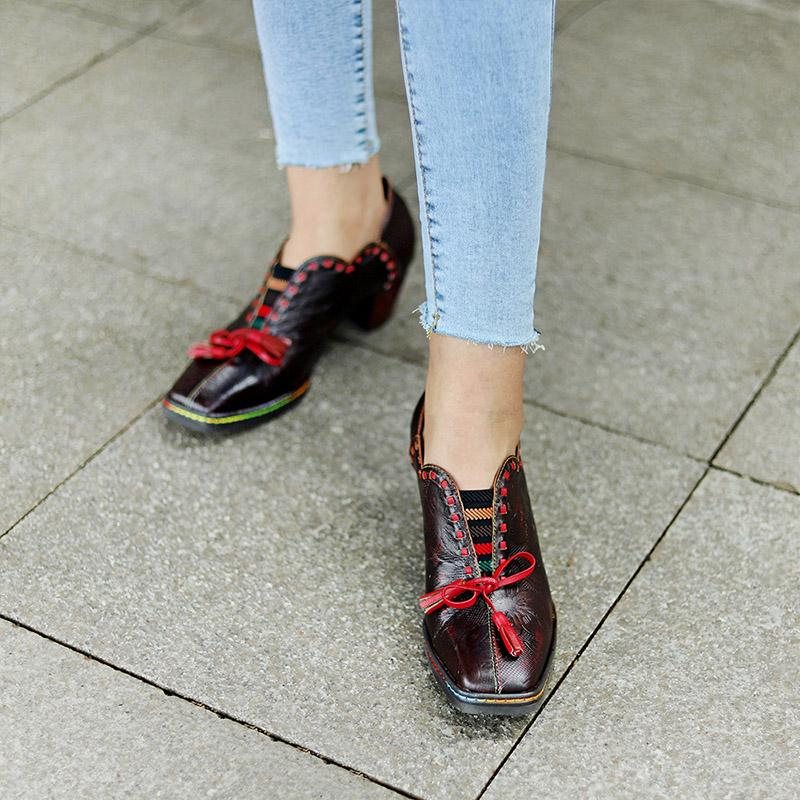 Vintage Leather Bowknot Casual Shoes For Kvinner